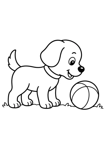 Black and white drawing of a floppy-eared dog standing next to a ball on grass