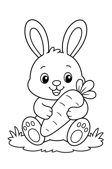 Seated bunny holding a big carrot in its paws on a patch of grass