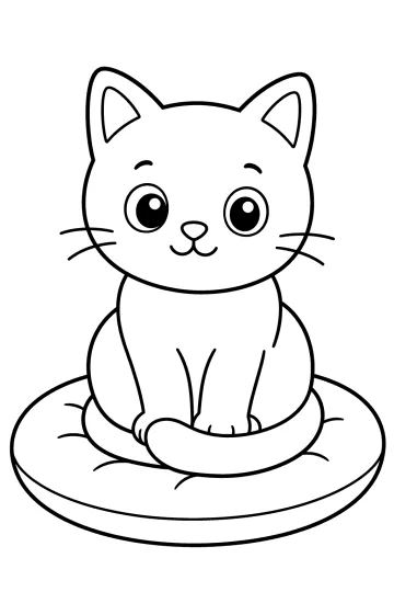 Coloring page of a cat sitting on a large cushion with a curved tail in front of its paws