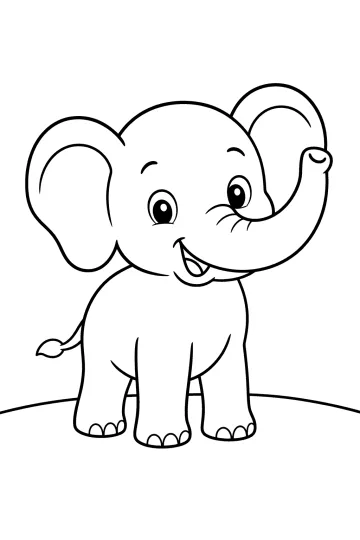 Smiling baby elephant with big ears and raised trunk