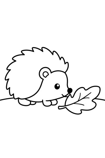 Dibujo para colorear de un erizo de perfil junto a una hoja grande
