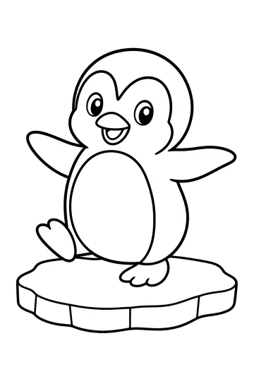 Disegno da colorare di un pinguino con le pinne aperte su una lastra di ghiaccio