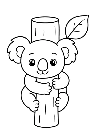 Koala sonriente abrazado a un tronco vertical con una hoja grande
