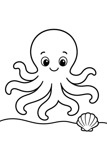 Disegno da colorare di un polpo sorridente con una conchiglia sulla sabbia
