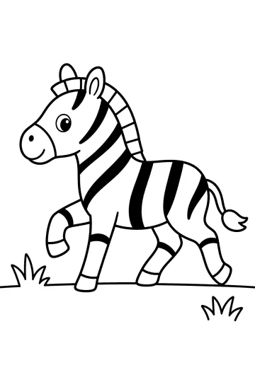 Dibujo para colorear de una cebra de lado al trote con una pata delantera levantada y mechones de hierba