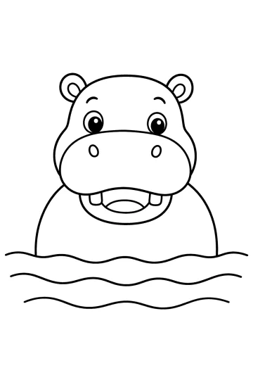 Coloriage d'un hippopotame de face dans l'eau avec la bouche ouverte