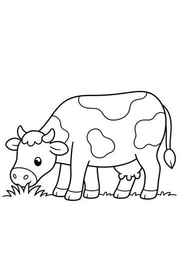 Coloriage d'une vache tachetée qui mange de l'herbe