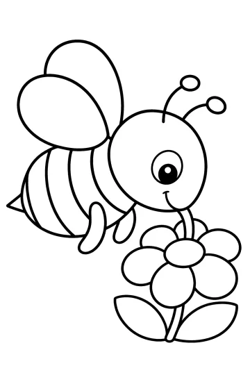 Disegno da colorare di un'ape sorridente con grandi ali vicino a un fiore