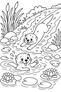 Zwei Otter an Baumstamm und Teich malvorlage kostenlos PDF