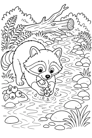 Raton laveur avec les pattes dans un ruisseau, lavant des baies parmi les pierres et les fougères.