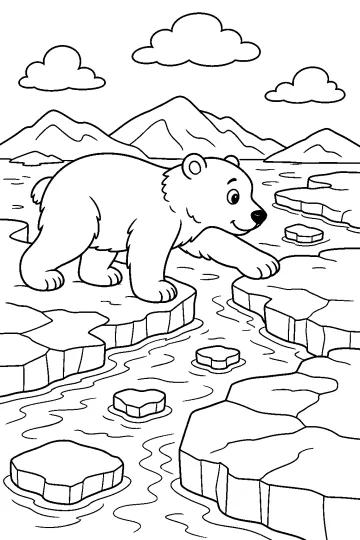 Ausmalbild eines Bären zwischen Eisschollen auf dem Meer mit Bergen im Hintergrund