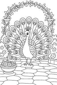 Pavone con coda a ventaglio in giardino disegno da colorare PDF gratis