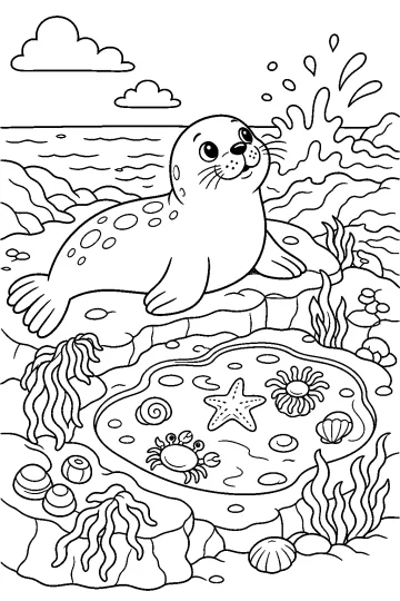 Foca sugli scogli accanto a una pozza di marea con granchio, stella marina, conchiglie e alghe