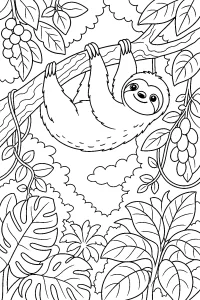 Bicho-preguiça pendurado entre ramos da selva desenho para colorir PDF grátis