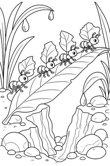Fourmis marchant sur une grande feuille et portant de petites feuilles, parmi l'herbe et les cailloux.
