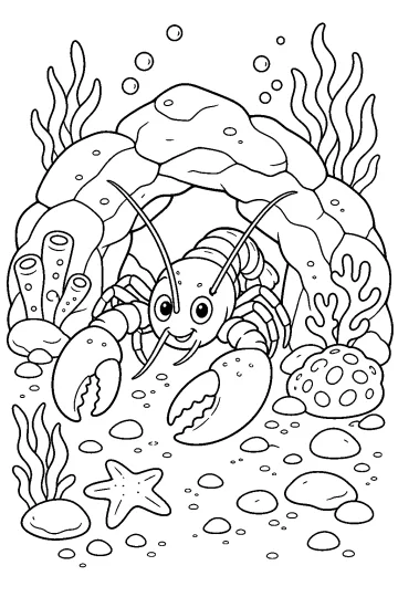 Disegno da colorare di un'aragosta con lunghe antenne sul fondale marino tra rocce, alghe, conchiglie e stella marina