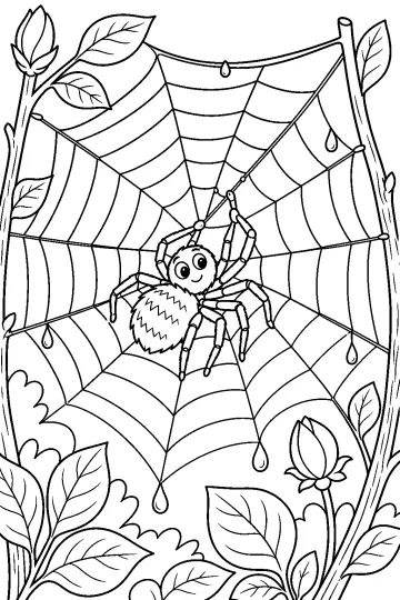 Araignée au centre d'une grande toile avec des feuilles, des fleurs et des gouttes d'eau