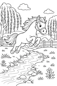 Pferd springt über einen Bach