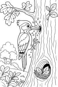 Woodpecker drilling into a tree trunk coloring page free PDF