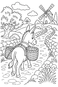 Asino con cesti sul sentiero disegno da colorare PDF gratis