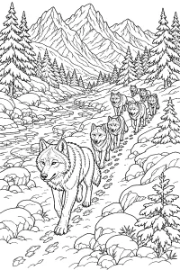 Branco di lupi nella valle innevata disegno da colorare PDF gratis