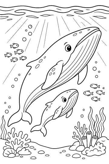 Disegno da colorare di una grande balena con il suo cucciolo sott'acqua, pesci, bolle e piante marine.