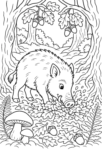 Jabalí buscando entre hojas en un bosque de robles con bellotas y hongos