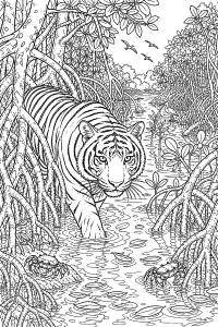 Tigre tra le radici di mangrovia disegno da colorare PDF gratis