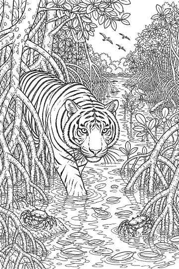 Tigre che cammina nell'acqua tra radici di mangrovia, foglie galleggianti e granchi