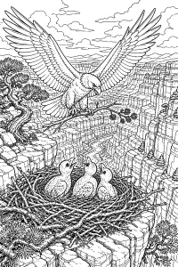Aquila con aquilotti nel nido sul canyon disegno da colorare PDF gratis
