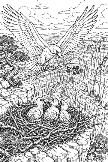 Águila con las alas abiertas sobre un nido con tres aguiluchos en un cañón rocoso