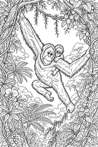 Orango con piccolo tra le liane disegno da colorare PDF gratis