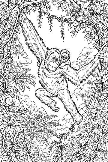 Orango con un piccolo sul dorso appeso tra liane, foglie e frutti della foresta tropicale