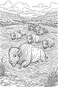 Mandria di bisonti che attraversa il fiume disegno da colorare PDF gratis