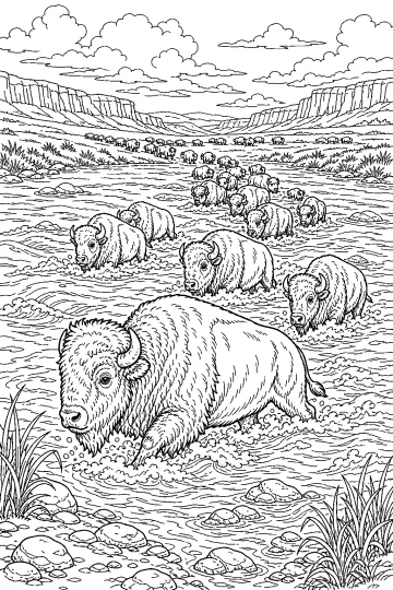 Manada de bisontes cruzando un río con rocas, hierba y acantilados al fondo