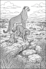 Tre ghepardi sulle rocce della savana disegno da colorare PDF gratis