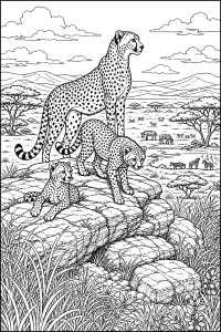 Tre ghepardi sulle rocce della savana disegno da colorare PDF gratis