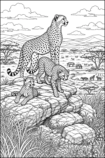 Tre ghepardi su rocce nella savana, con acacie, erba alta, montagne, zebre ed elefanti sullo sfondo.