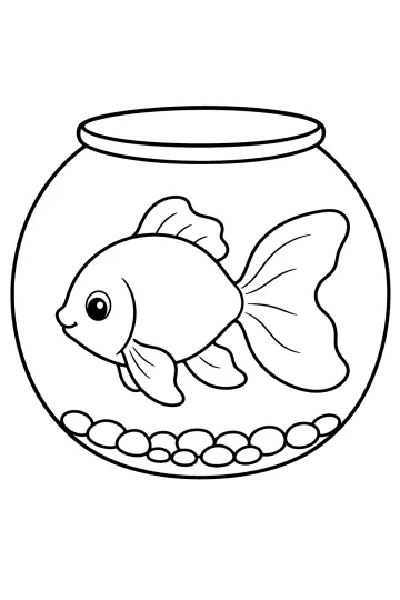 Schwarz-weiße Zeichnung eines Fisches in einem runden Glas mit Steinen am Boden