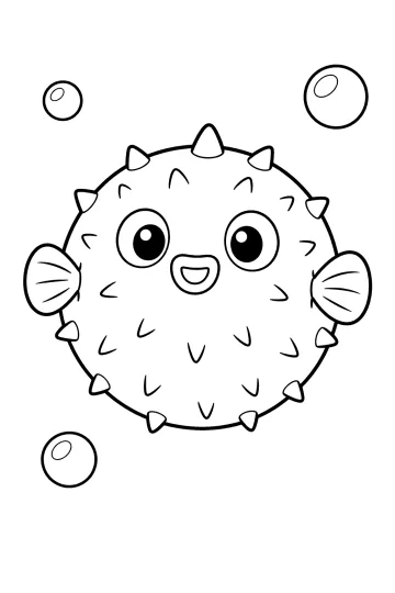Disegno da colorare di un pesce palla rotondo sorridente con aculei, pinne e bolle.