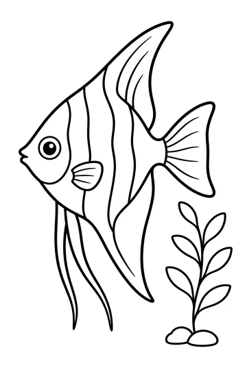 Outline drawing of an angelfish with long fins, stripes and an aquatic plant