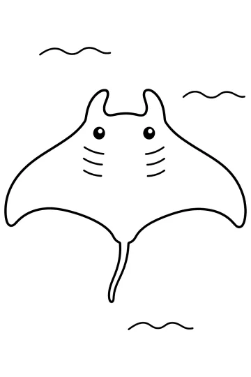Disegno da colorare di una manta sorridente con grandi ali, lunga coda e onde.