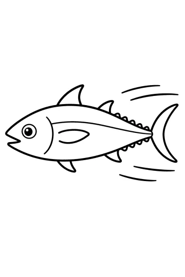 Desenho para colorir de um atum de perfil com barbatanas, grande cauda e linhas de movimento