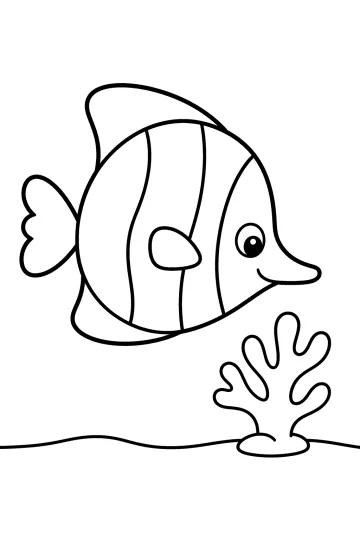 Coloring page of a butterfly fish with big fins beside a coral branch