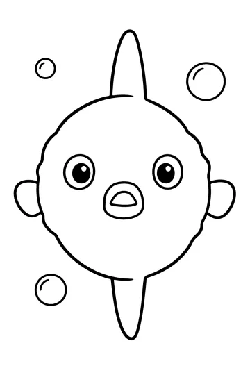 Disegno da colorare di un pesce luna frontale con grandi pinne e bolle