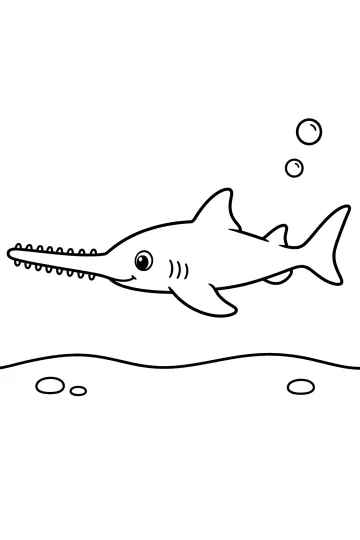 Line drawing of a sawfish with a long toothed snout, bubbles, and an ocean floor