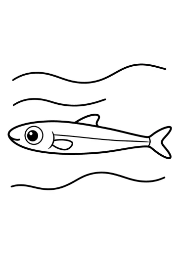 Disegno da colorare di un'acciuga sottile con grande occhio e linee ondulate della corrente