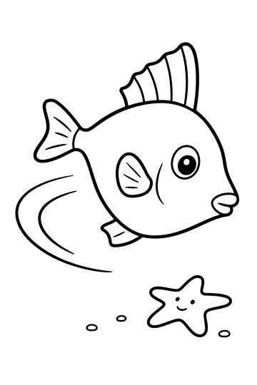 Ausmalbild eines Fisches mit hoher Rückenflosse und einem Seestern