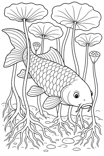 Disegno da colorare di una grande carpa tra radici, steli e foglie di loto sott'acqua