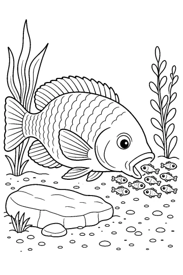 Grand tilapia avec petits alevins, plantes aquatiques, cailloux et rocher au fond du lac